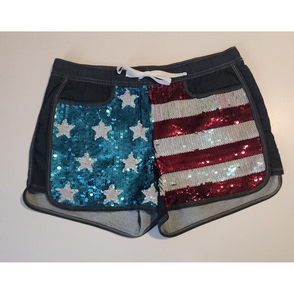 Juicy Couture US Flag Sequin Shorts Patriotic Denim Stretch July 4th USA Medium - Picture 2 of 12